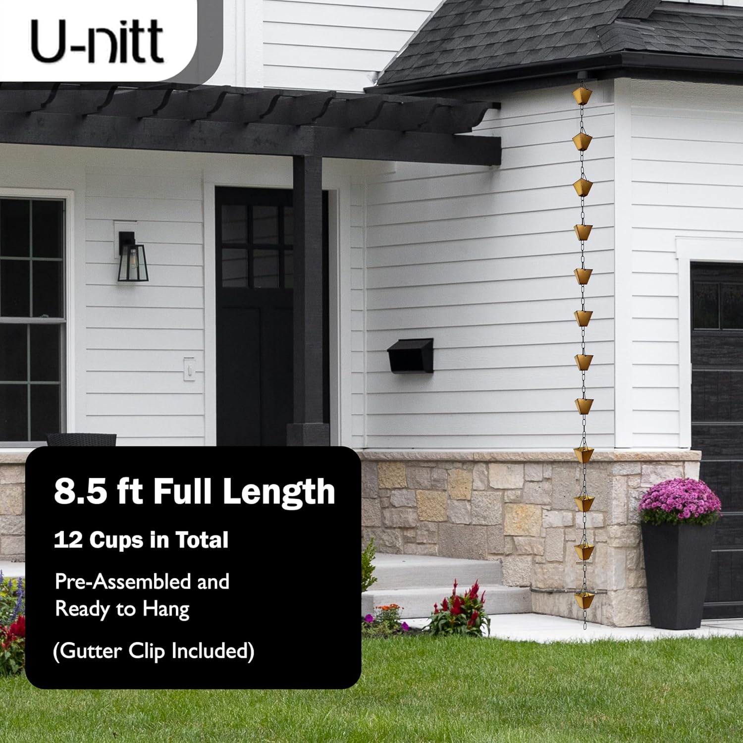 U-nitt Rain Chain Water Collection for Gutters Rainwater Catcher & Diverter, 8.5 FT Chains for Outside Garden, Golden Square Cups, Roof Downspout, Works with Heavy Rain, w/Gutter Clip for Rainchains