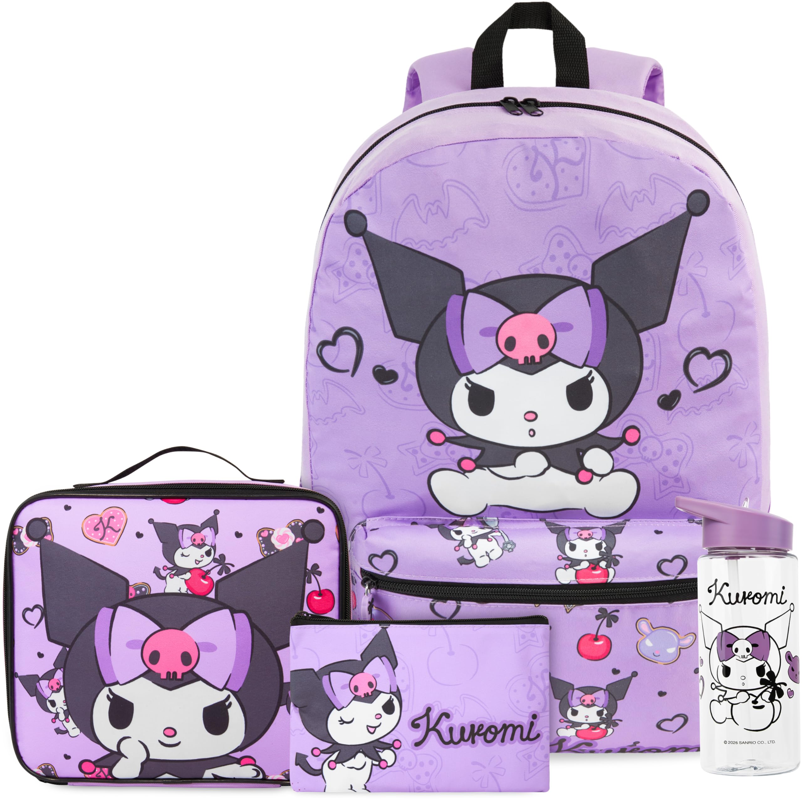 Get Trend Hello Kitty Kuromi 4 Pezzi Zaino Ragazza Set con Borsa Termica Porta Pranzo, Borraccia 500 ml Senza BPA e Astuccio (Viola Kuromi)