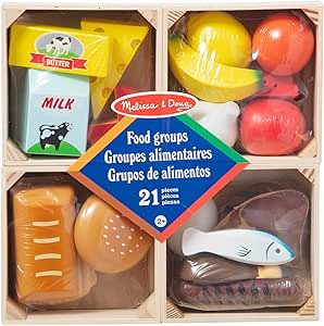 Melissa &amp; Doug Food Groups - Wooden Play Food, The Original (Pretend Play, 21 Hand-Painted Wooden Pieces and 4 Crates, Great Gift for Girls and Boys - Kids Toy Best for 3, 4, 5, and 6 Year Olds)