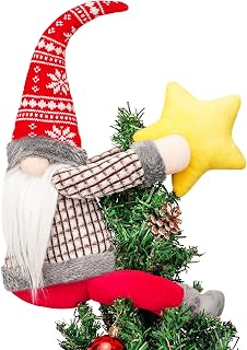 FIREOR Gnome Christmas Tree Topper Decorations Gift, Handmade Large Plush Dwarf Ornaments with Star Red Plaid Hat Xmas Home Holiday Party Decor Scandinavian Swedish, Curtain Tie Wine Bottle Decoration
