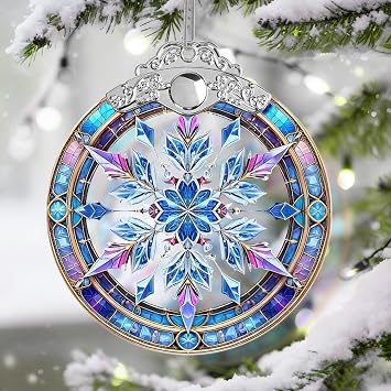 Stained Glass Snowflake Ornament, Snowflake Christmas Tree Ornaments Xmas Decorations, Holiday and Xmas Presents