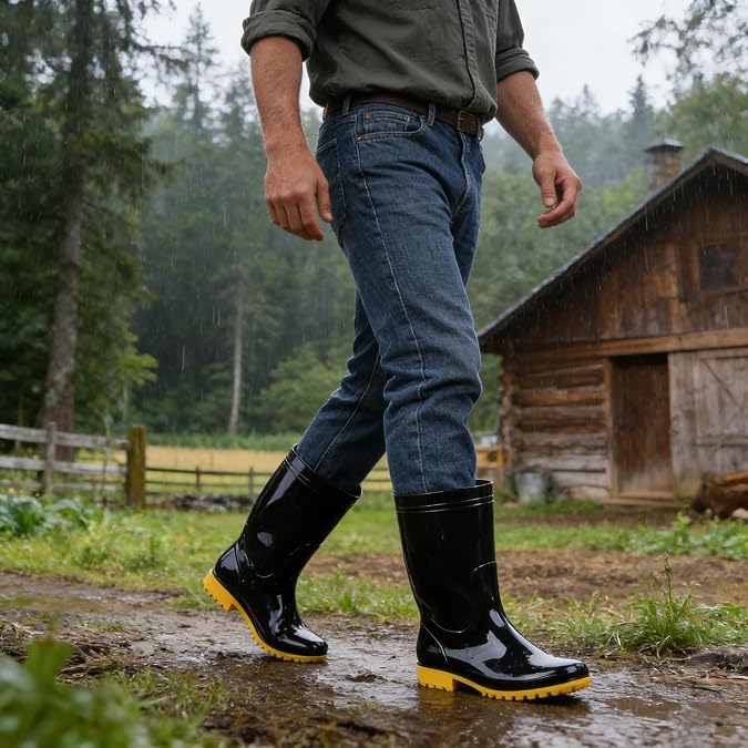 Comwarm Men's Mid-calf Rain Boots Waterproof Anti-Slip Black PVC Adult Outdoor Work Rubber Boots