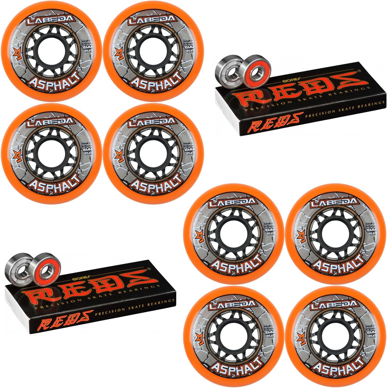 Asphalt Inline Roller Hockey Wheels 76mm Orange 85A 8-Pack Bones Reds