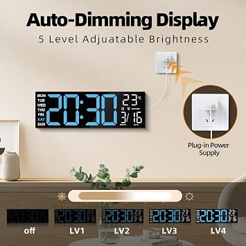 Maxstar Large Digital Wall Clock with RGB Led Display & Remote Control, Loud Dual Alarms, Auto-DST, Temperature,Date,Night Light for Bedroom/Office/Living Room/Shop/Gym/Game Room