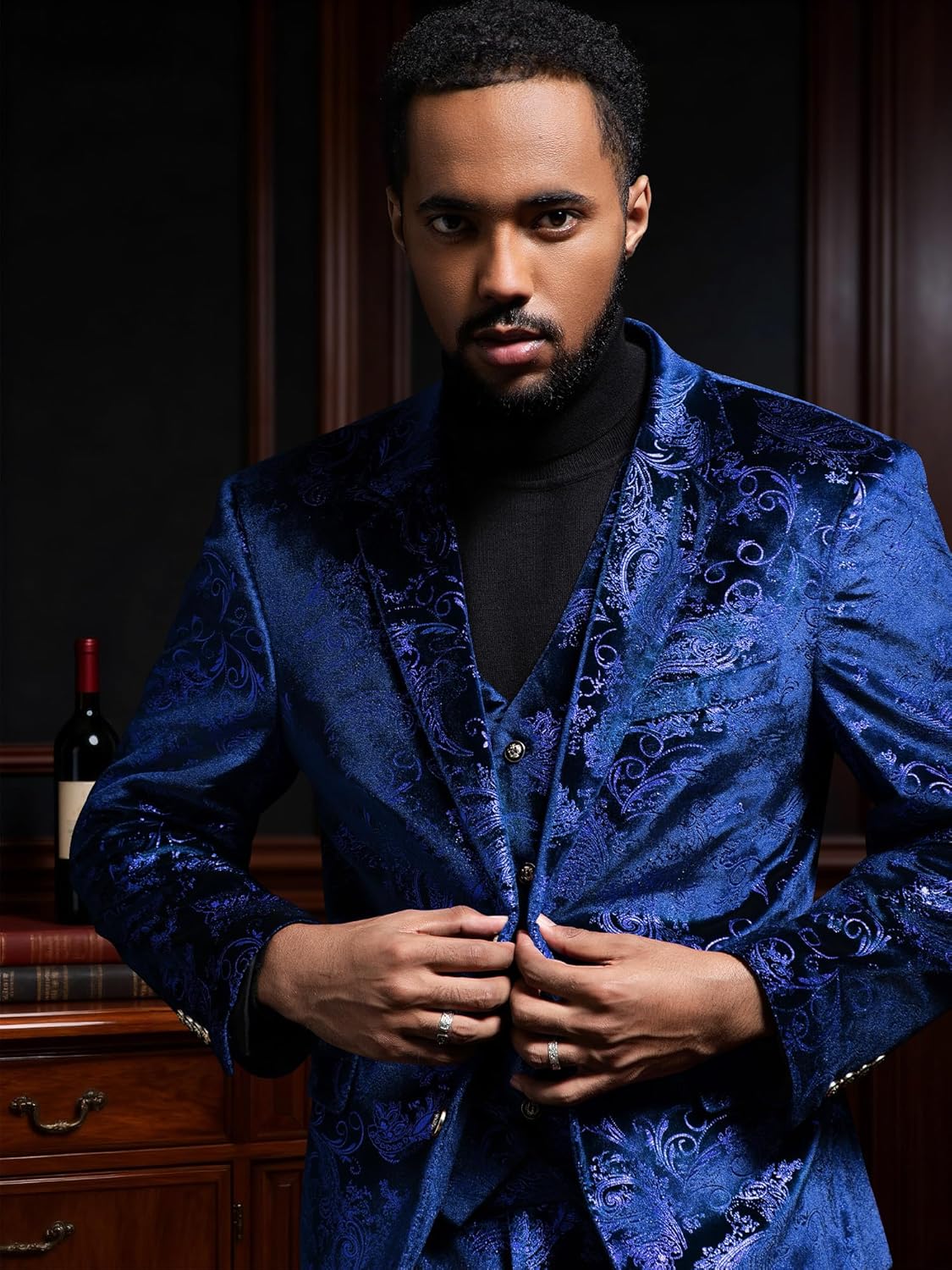 MAGE MALE Mens Suits Dress Floral Tuxedo Slim Fit 3 Piece Suit 2 Button Prom Party Blazer Vest Pants Set with Bow Tie - Image 7