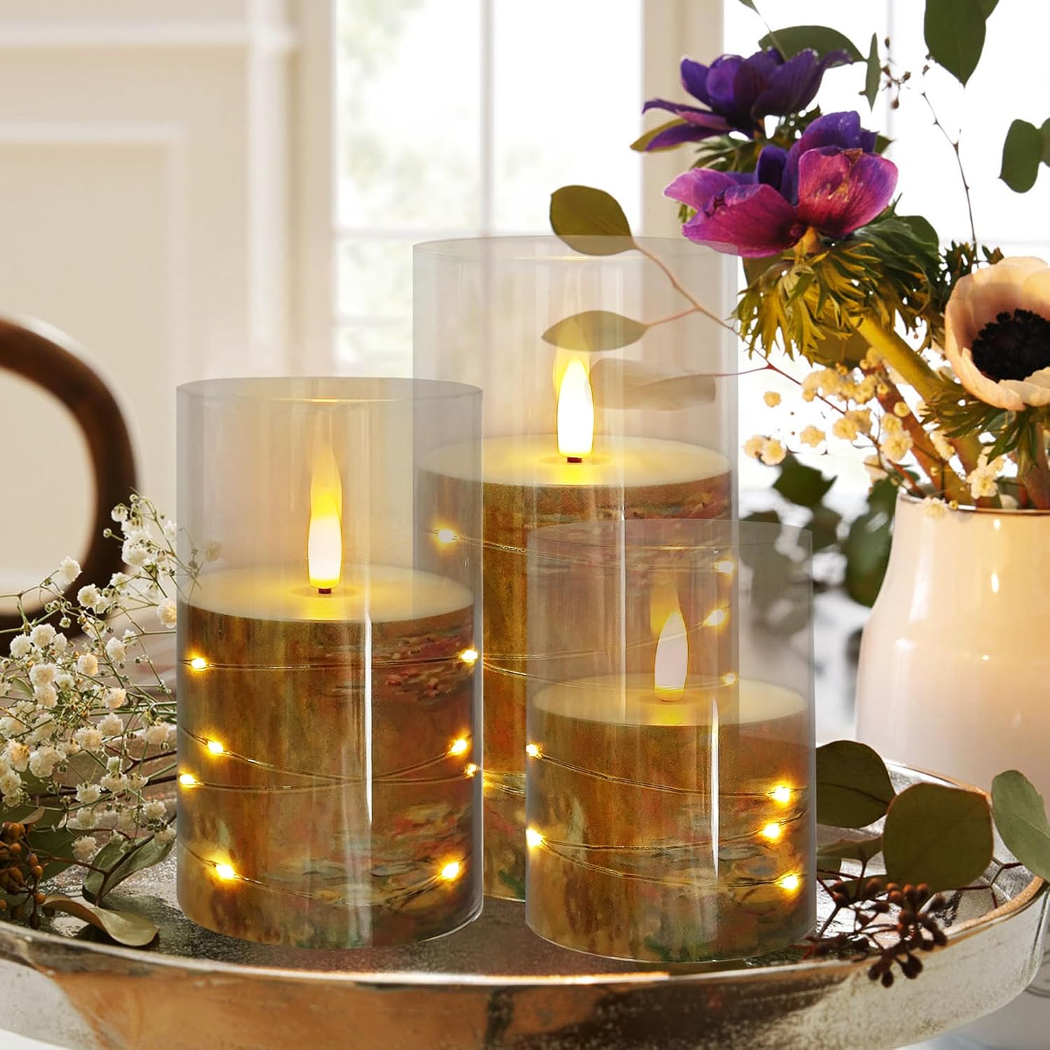 Water Lily Oil Painting Printed Flameless Candles Set of 3, 4' 5' 6' Flickering LED Candles, Battery Operated Candle, 10-Key Timer Remote for Home Decor Gift Wedding