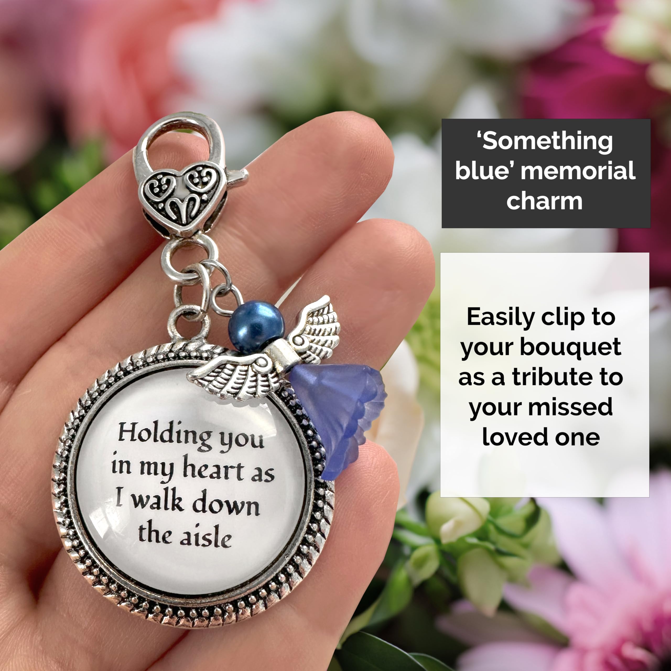 Coś niebieskiego anioła zawieszka dla panny młodej w dniu ślubu w moim sercu as I Walk Down the Aisle Clip Charm z niebieskim aniołem i pamiątkową frazą, niebieski, jeden rozmiar, Jeden rozmiar