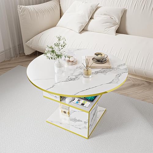 Miniatura 5 de Elephance Mesa de centro redonda con almacenamiento, mesa de centro de 3 niveles para sala de estar, mesa de madera, mármol blanco con marco dorado