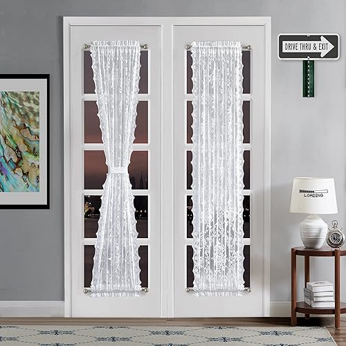 Miniatura 2 de Cortinas de encaje blanco de 30 x 72 pulgadas para puerta francesa. Cortinas de encaje para puerta de privacidad, filtro de luz y decoración