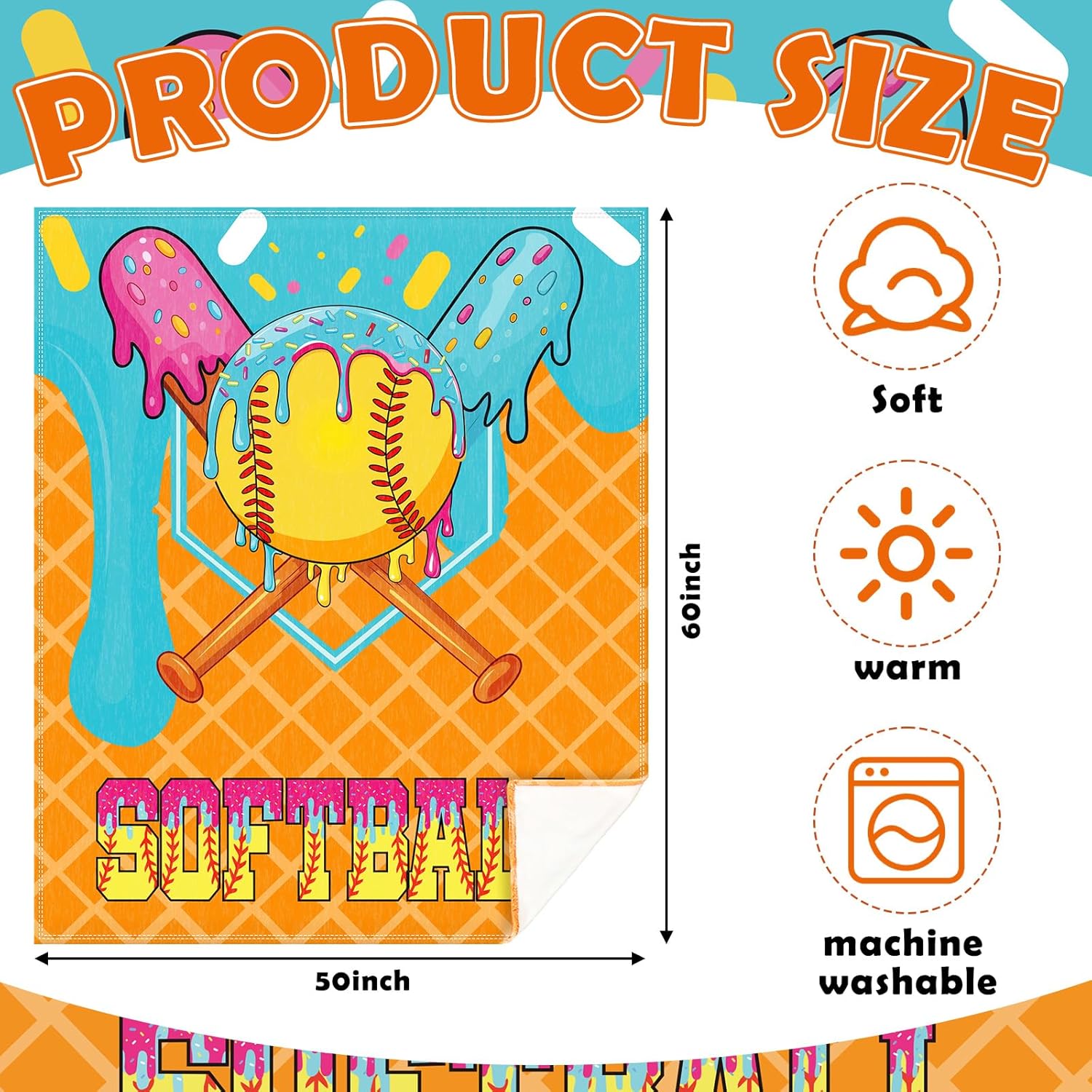 Softball Ice Cream Drip Blanket 50 x 60 Yellow and Green Softball Sports Blanket Throw Ice Cream Stuff Team Gifts for Ball Lovers Players Home Decor Halloween Christmas Thanksgiving Gift