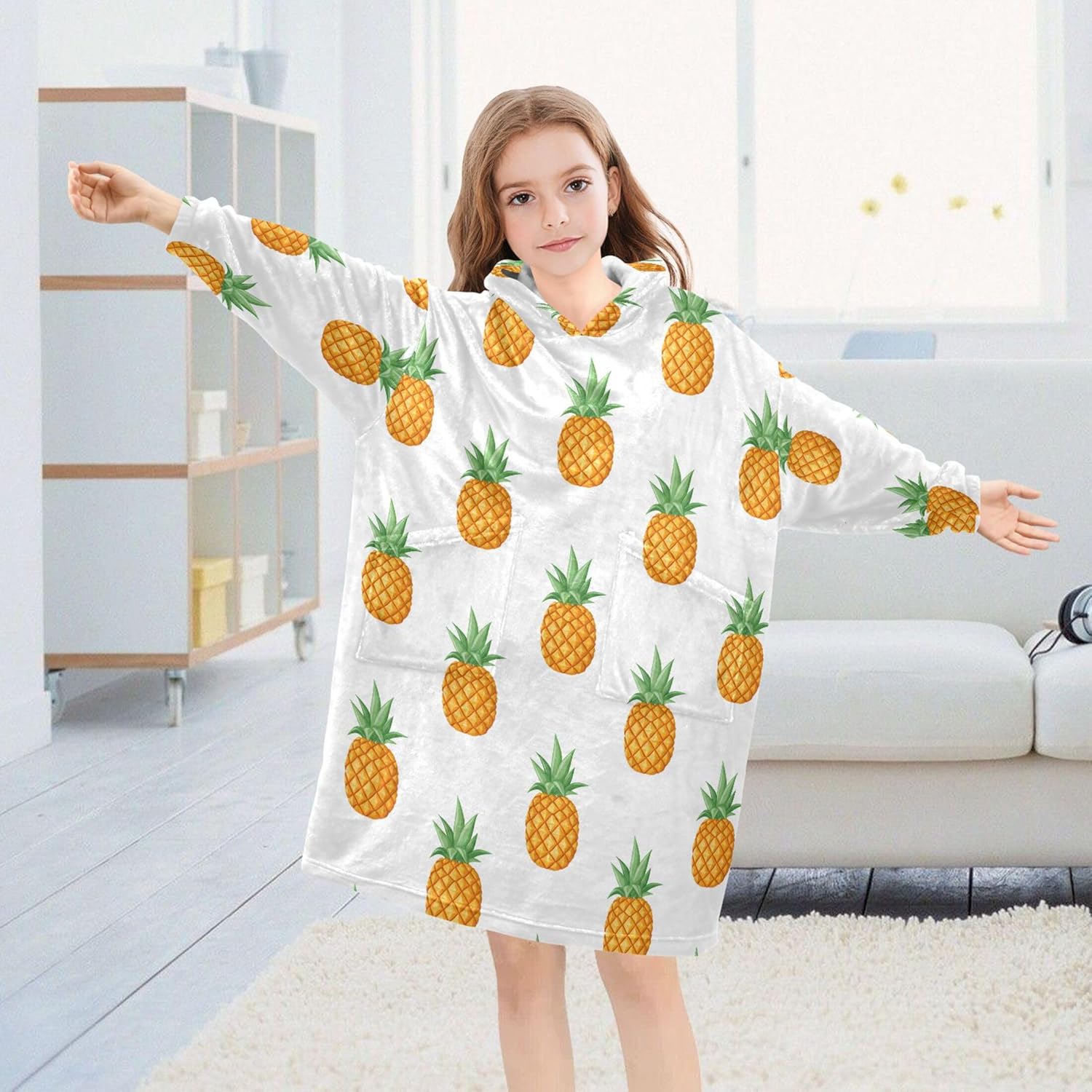 Pineapple Fruit Kids Wearable Blanket Hoodie with Pocket and Sleeves for Toddlers, Cute Hoodies 3-14 Year Girls Boys