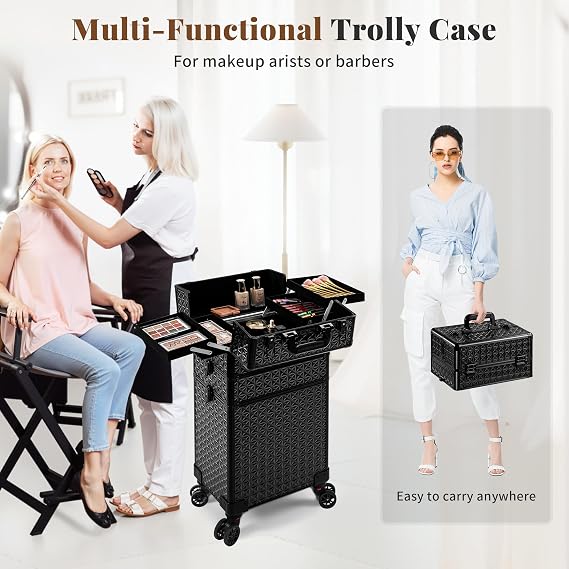 3 in 1 Rolling Makeup Train Case Cosmetology Case on Wheels, Black