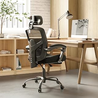 Sweetcrispy Office Desk Chair with Footrest, Ergonomic High-Back Mesh Rolling Work Swivel Chairs with Wheels, Comfortable Lumbar Support, Comfy Arms for Home, Bedroom, Study, Student,Inky