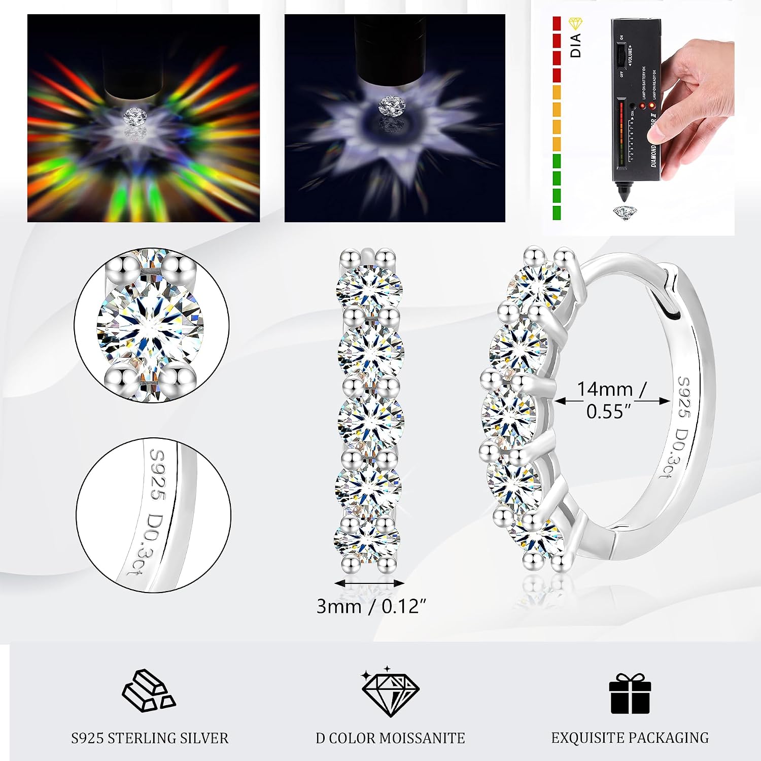 Moissanite Hoop Earrings for Women 3 Carat Moissanite Huggie Hoops Earrings Lab Created Diamond D Color 925 Sterling Silver Huggie Earring for Jewelry Gifts