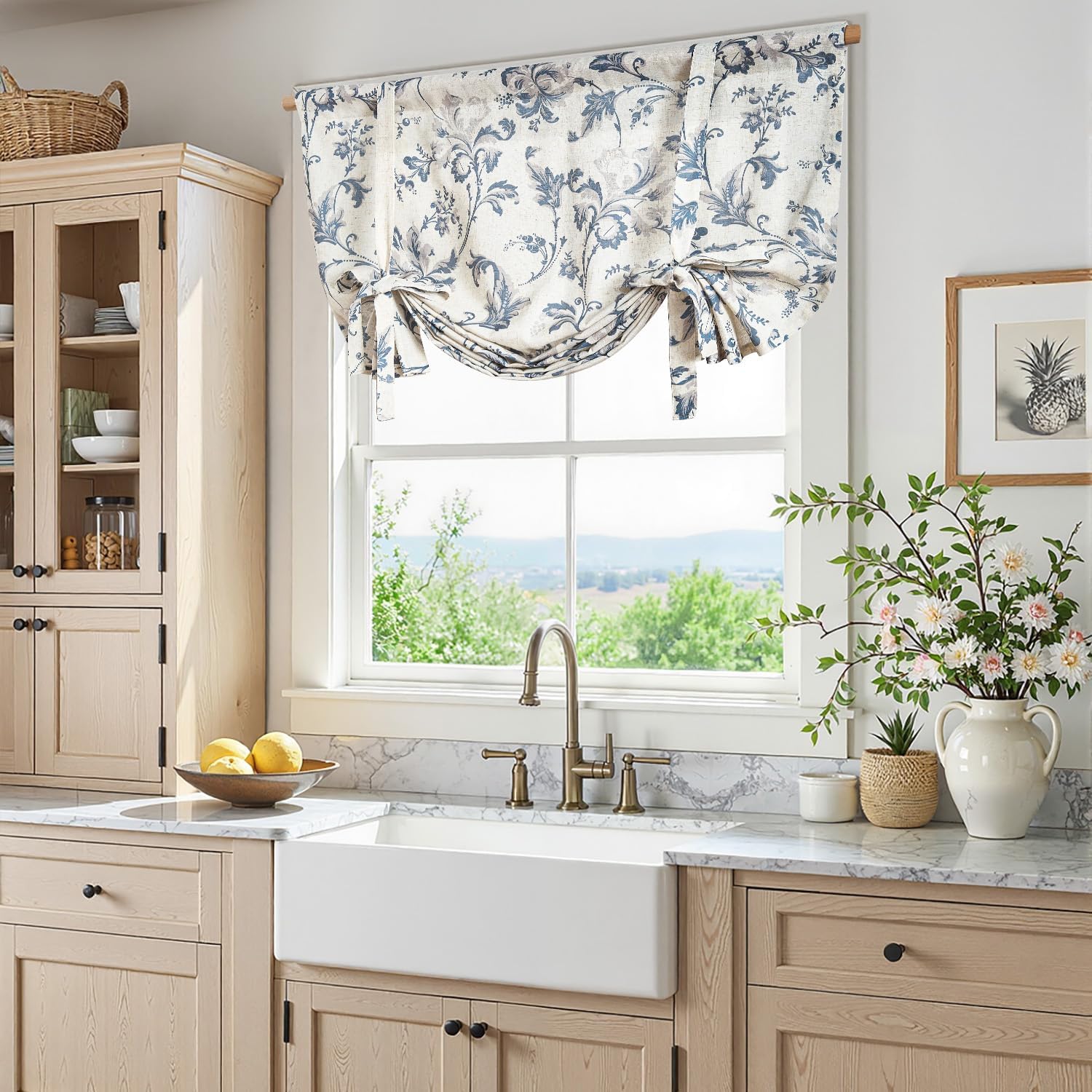 jinchan Tie Up Valance Curtain Floral Linen for Windows Farmhouse 45 Inch Damask Printed Short Window Treatment Adjustable Length for Kitchen Living Room Light Filtering 1 Panel Blue on Linen
