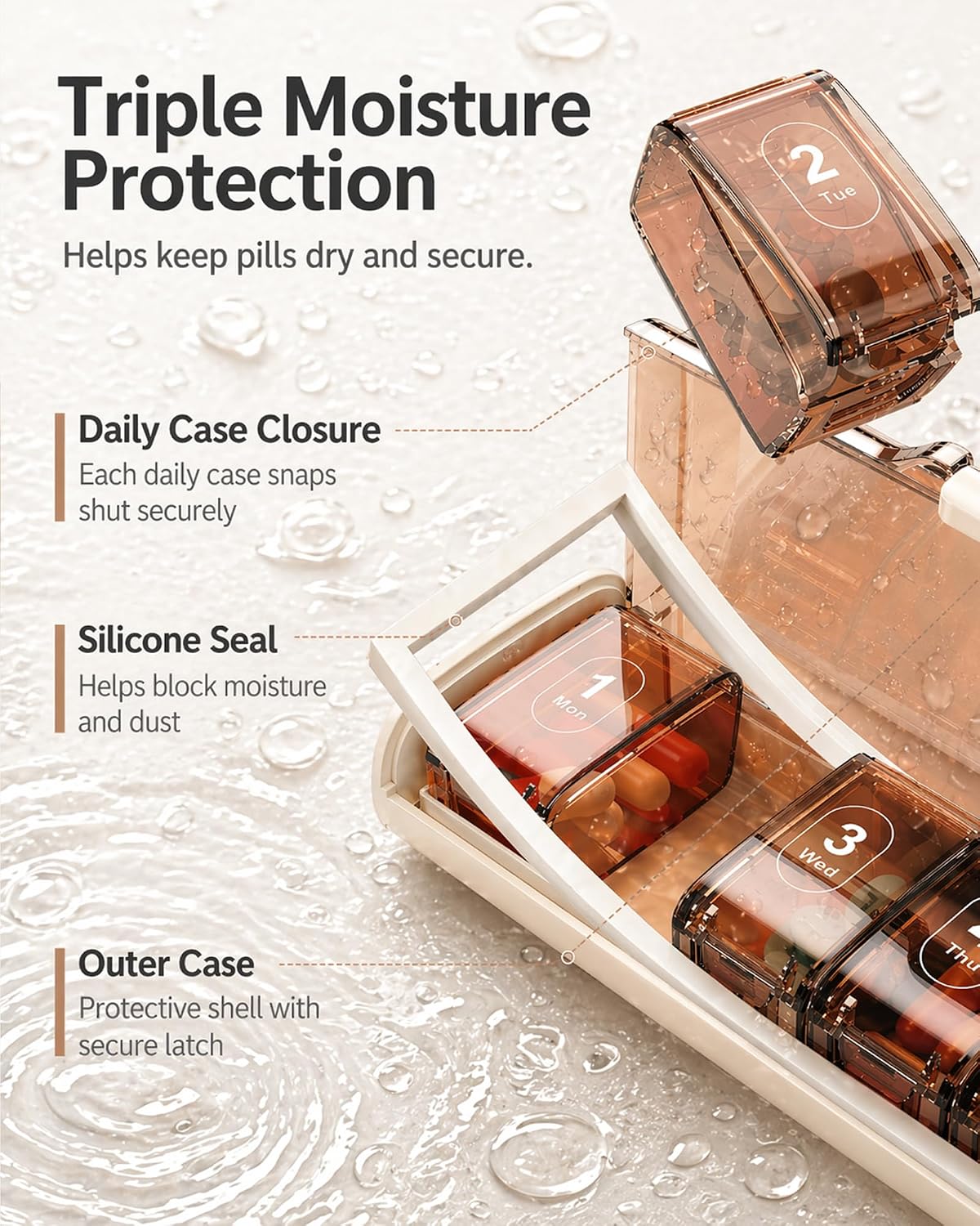 Weekly Pill Organizer 7 Day: Portable Pill Box with Removable Daily Case, Triple Moisture Protection BPA-Free Large Medicine Containers Holder Vitamins Fish Oils for Travel Office (Brown White)