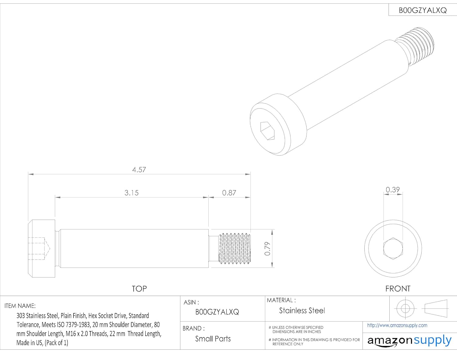 18-8 Stainless Steel Shoulder Screw, Plain Finish, Socket Head Cap, Hex Socket Drive, Standard Tolerance, Meets ISO 7379, 20 mm Shoulder Diameter, 80 mm Shoulder Length, M16-2.0 Threads, 22 mm