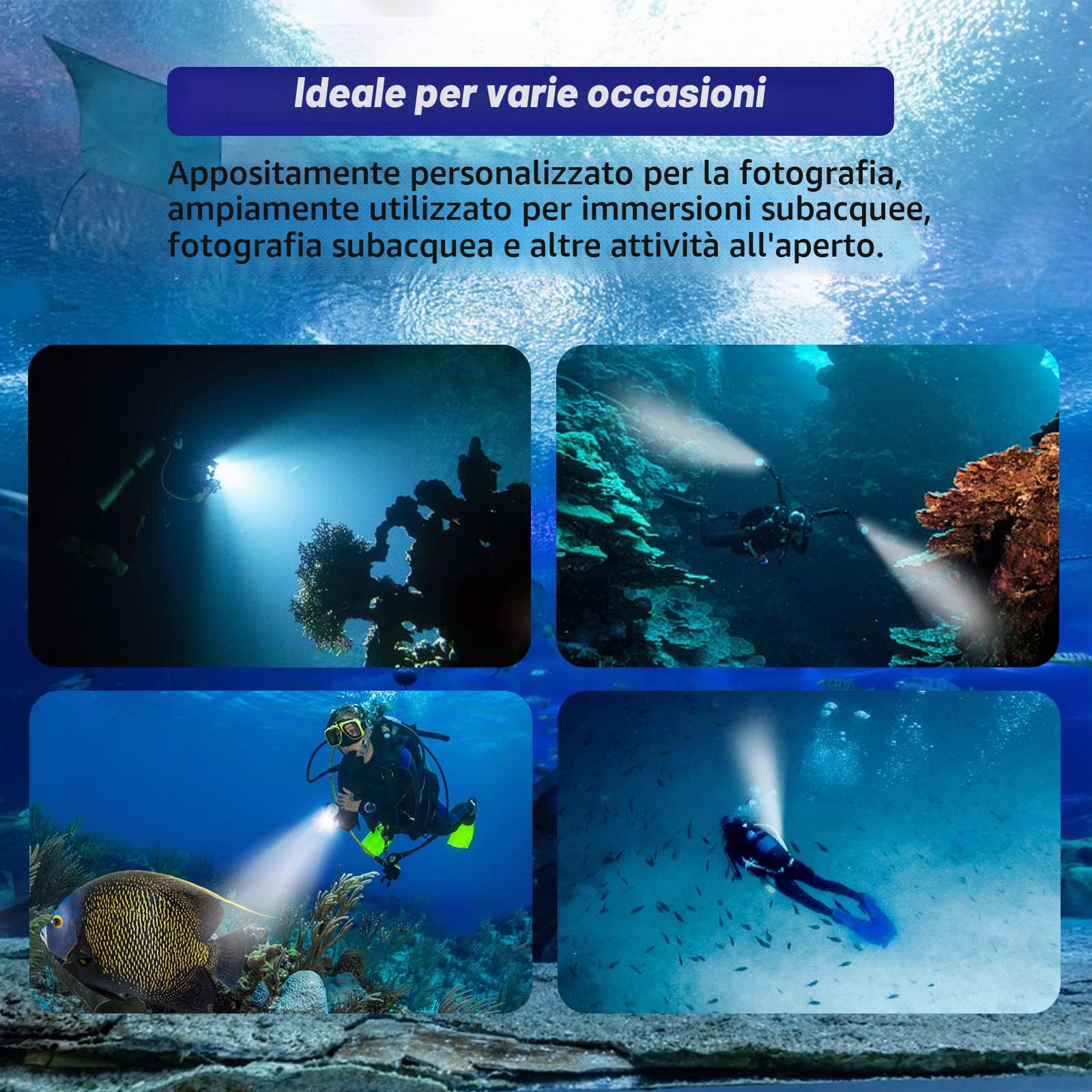 Subacquea per la Fotografia Subacquea, Torcia Subacquea Super Luminosa da 3300 Lumen, Luce Video Subacquea Impermeabile da 100 Metri Con Ricarica Type-C, Professionale per l'Illuminazione Subacquea