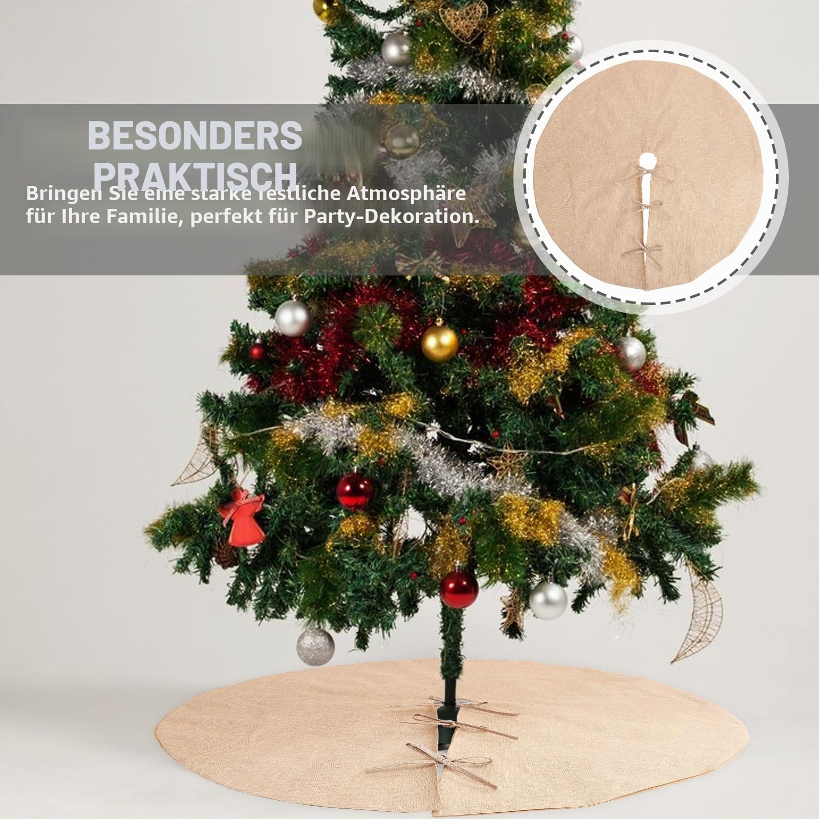 Amosfun 121,9 cm Leinenstoff Weihnachtsbaum Rock Einfache Sackleinen Einfarbig Baumrock Rustikaler Weihnachtsbaum Teppich Urlaub Dekorationen ländlicher Baumrock