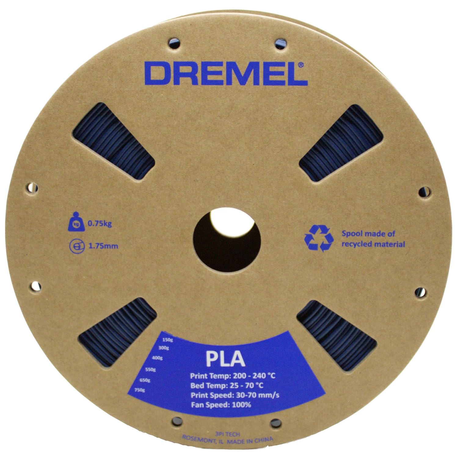 Dremel PLA-NAV-01 3D Printer Navy Blue Filament - Matte Finish, 1.75 mm Dia., 0.75 kg Spool Weight, RFID Enabled, New Cardboard Spool