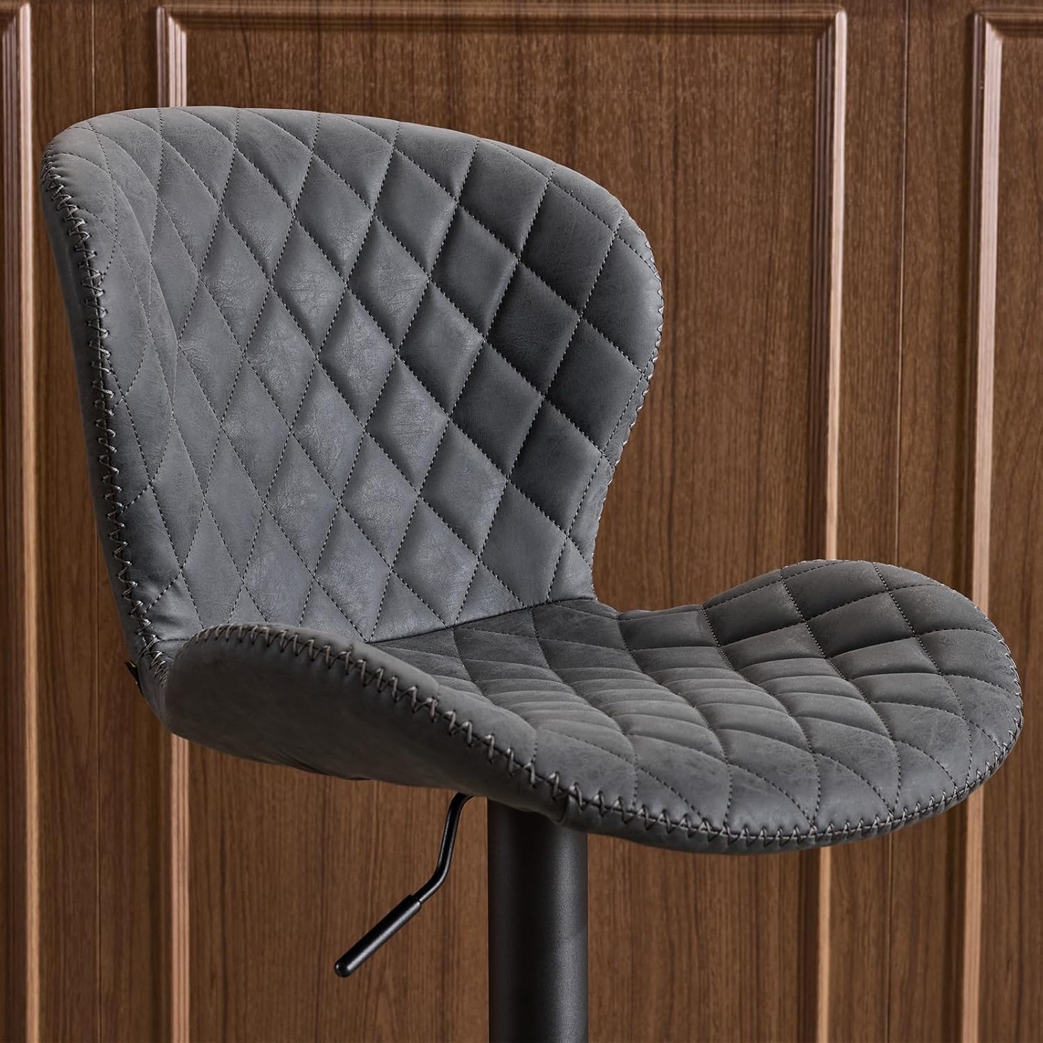AEDI Bar Stools Set of 2, Adjustable Swivel Counter Height Upholstered Bar Chairs with Back, Distressed Faux Leather & Handcrafted Heavy Stitching for Kitchen Island,Bar,Black