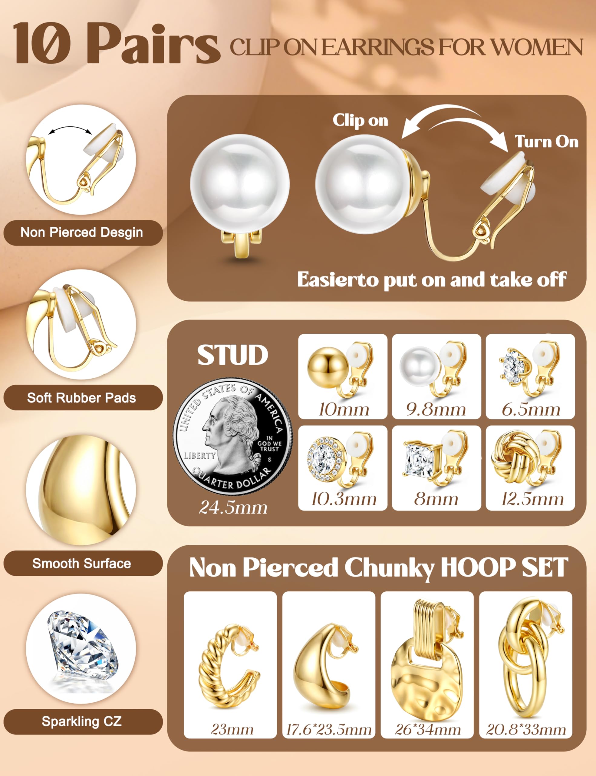 Clip-On-Ohrringe für Damen, 14 Karat vergoldet, Clip-Ohrring, Nicht durchbohrt, CZ-Perlenknoten, gedreht, klobige Creolen, Ohrclips-Set, hypoallergen, Statement-Fake-Ohrring
