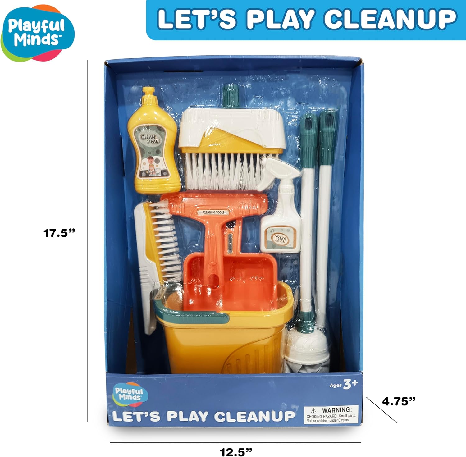 Playful Minds 8-Piece Cleaning Playset for Toddlers - Broom, Mop, Pail, Dustpan, Brush, Squeegee, and Pretend Bottles - Perfect for Imaginative Play and Skill Building