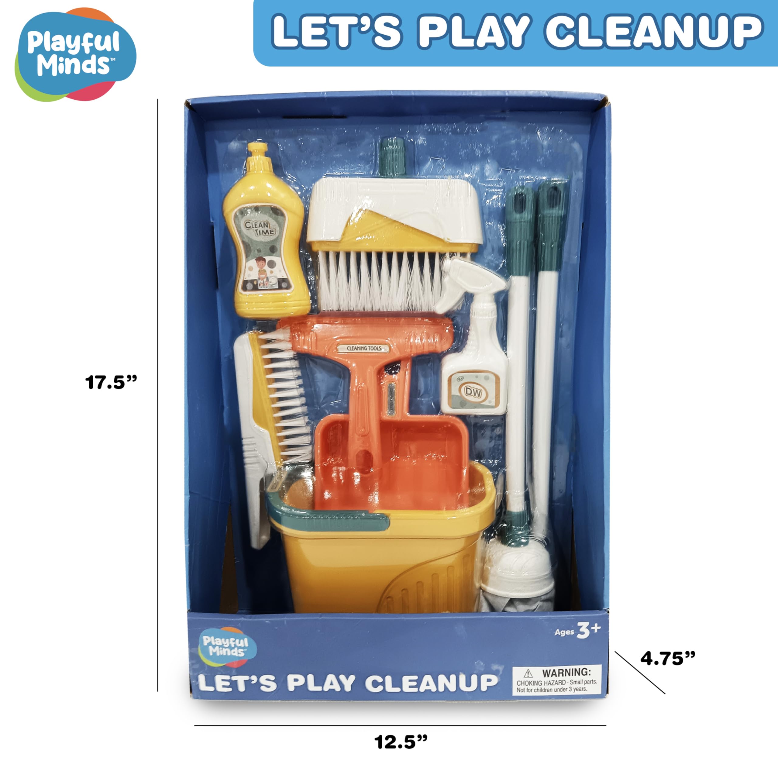 Playful Minds 8-Piece Cleaning Playset for Toddlers - Broom, Mop, Pail, Dustpan, Brush, Squeegee, and Pretend Bottles - Perfect for Imaginative Play and Skill Building