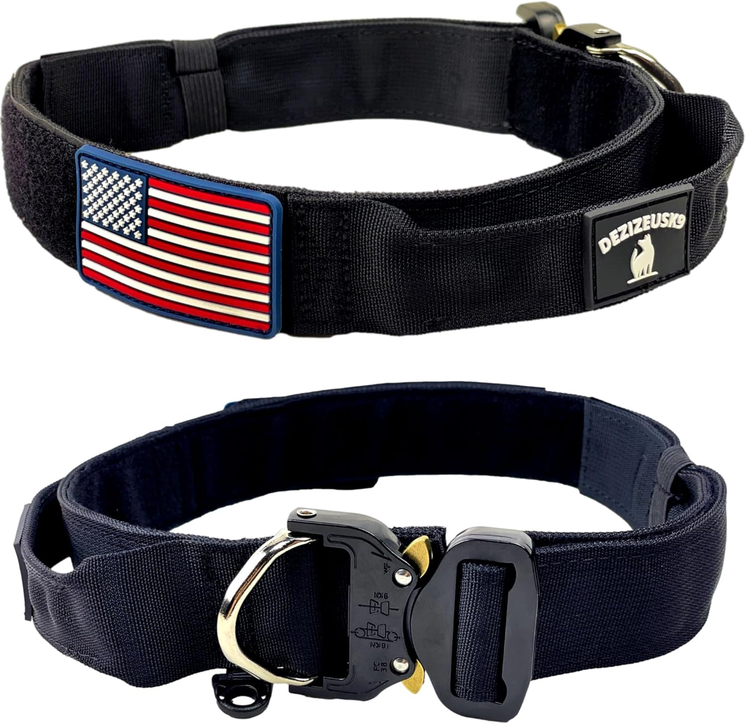 Tactical Dog Collar with Handle - 1.5 Inch Thick Heavy Duty Nylon, Military Style Metal Quick Release Buckle & Integrated D-Ring, for Medium & Large Dogs – Includes USA Flag On Customizable Name Plate