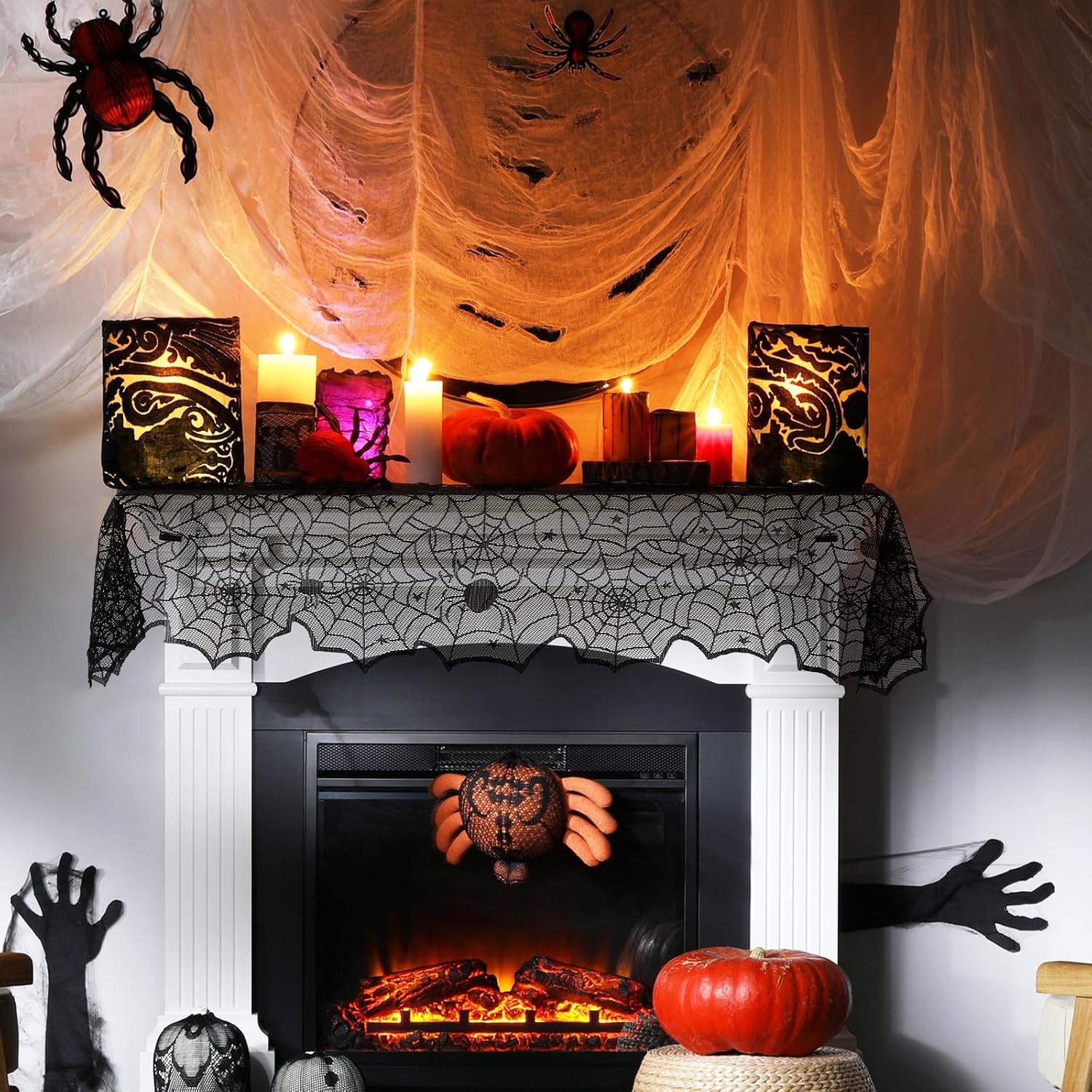 Pickmesh 14 Pcs Halloween Spider Web Table Runner Placemat Set