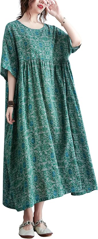 ellazhu Womens Plus Size Boho Maxi Dress with Half Sleeves Scoop Neck Bohemian Print for Summer Beachwear GA1396 A