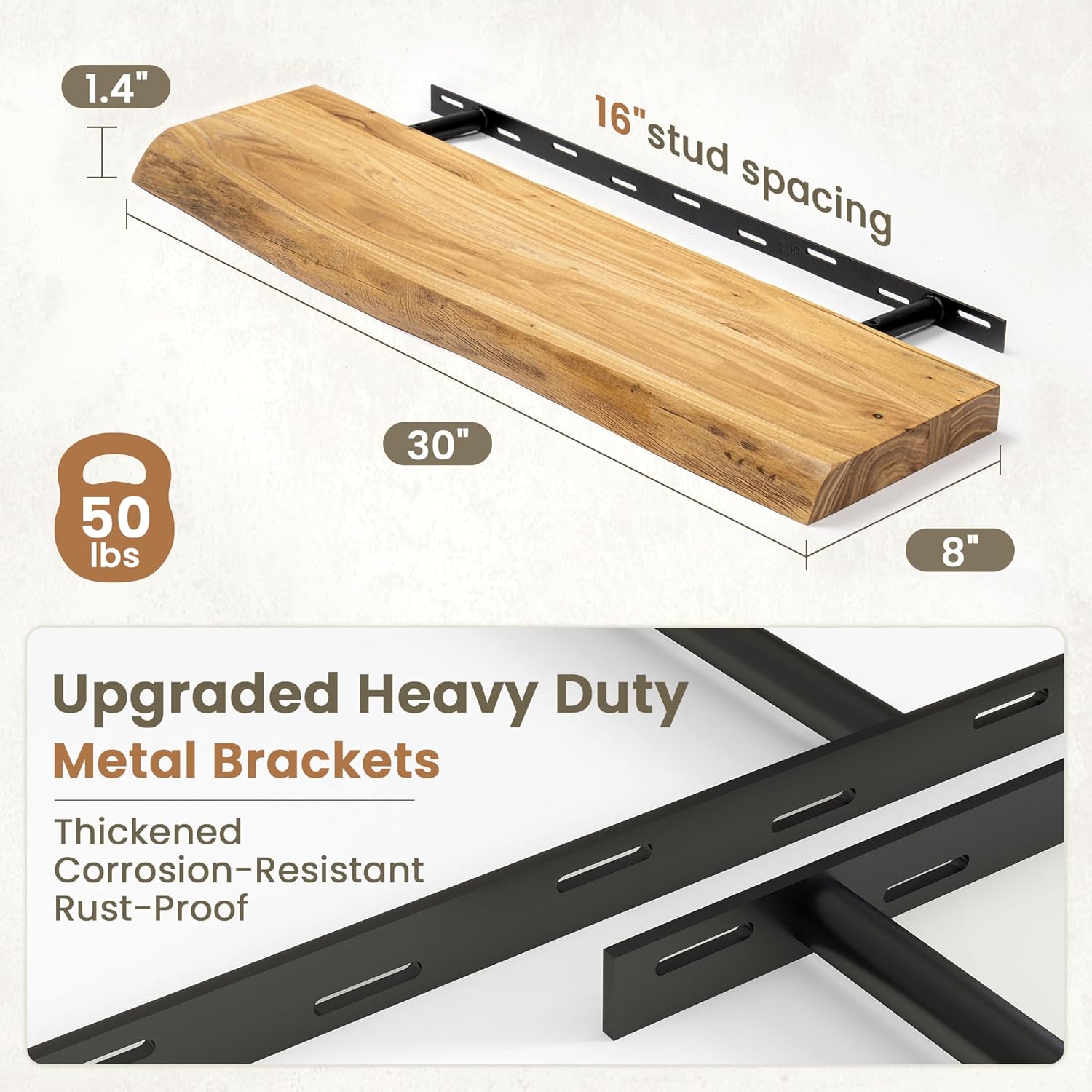 Fun Memories Floating Shelves for Wall Decor Set of 2-30 Inch Solid Elm Wood Live Edge - Rustic Natural Wall Shelves with Invisible Brackets - for Living Room, Bedroom, Kitchen - Natural Finish