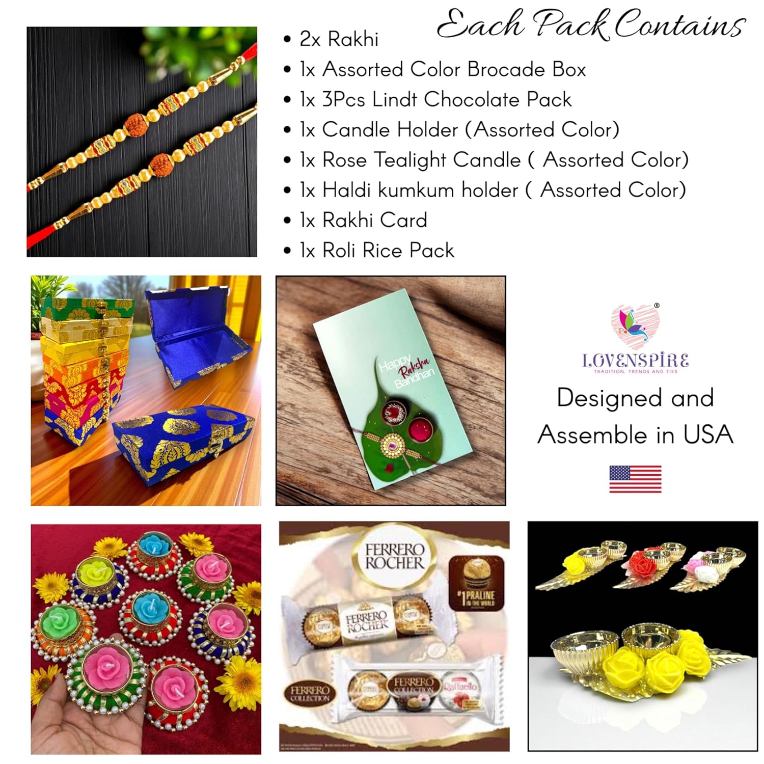 LoveNspire Rakhi Gift Hamper for Brother 2PC Rudraksha Rakhi with Candle Holder Haldi Kumkum Holder Roli Chawal Rakshabandhan Card Chocolates with Premium Brocade Gift Box - Bracelet for Bhai Bhabhi