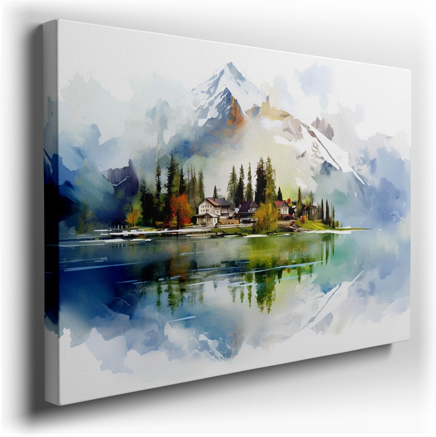 Canvas for Living room. Reflections of Serenity: A Tranquil Village by the Mountain Lake, 27 x 18 inch Canvas Wall Art - Contemporary Masterpieces - Modern Home Decor