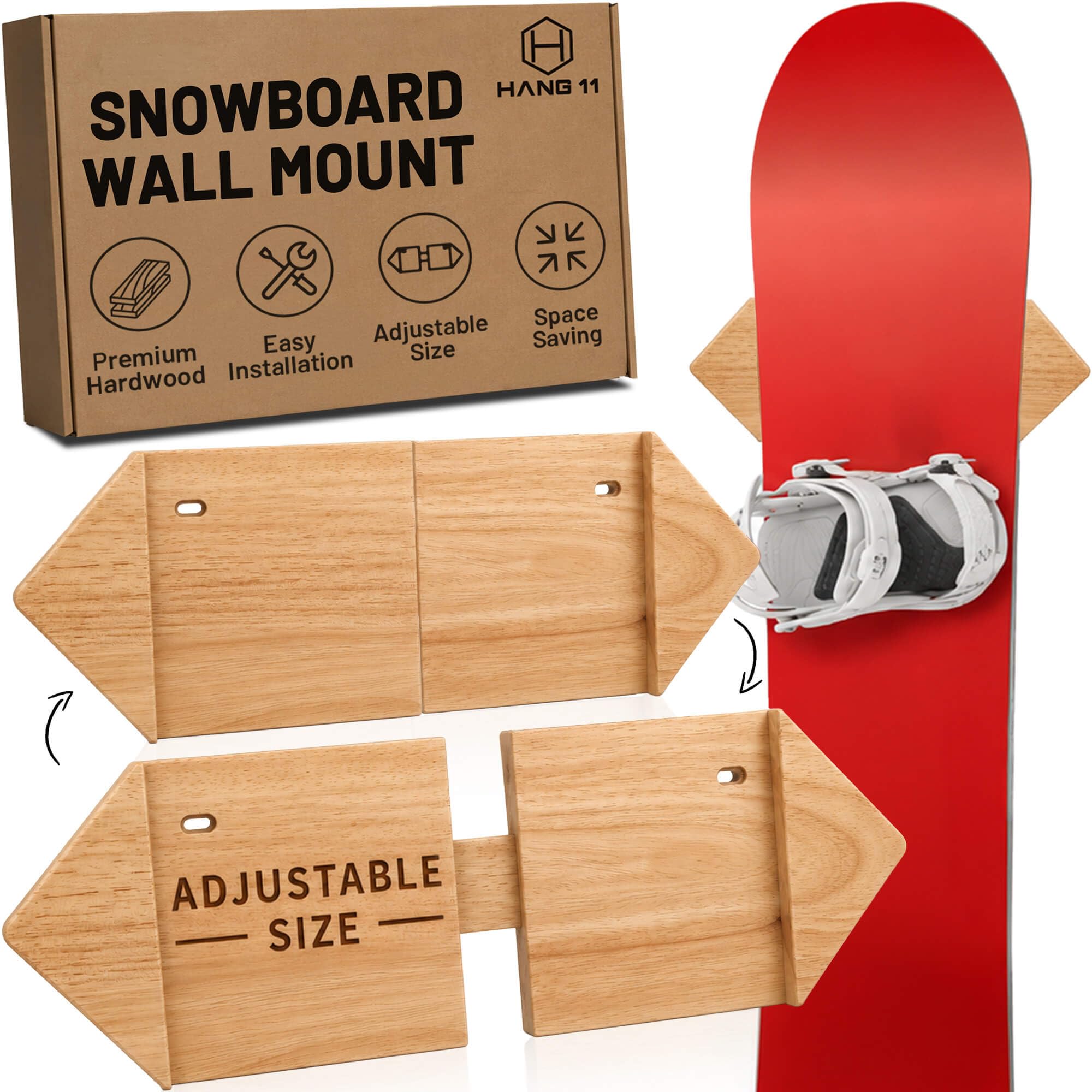 Hang 11 Support mural pour planche à neige – Support mural en bois dur, support de planche à neige pour rangement de planche à neige, crochets de suspension de planche à neige, support mural pour