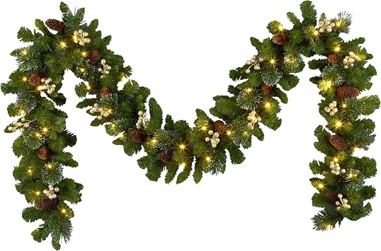 National Tree Company Pre-lit Artificial Christmas Garland, Green, Crestwood Gold Spruce, Silver Bristle, Pinecones, Gold Berries, Silver Glitter, 50 Warm White LED Lights, 9 Feet