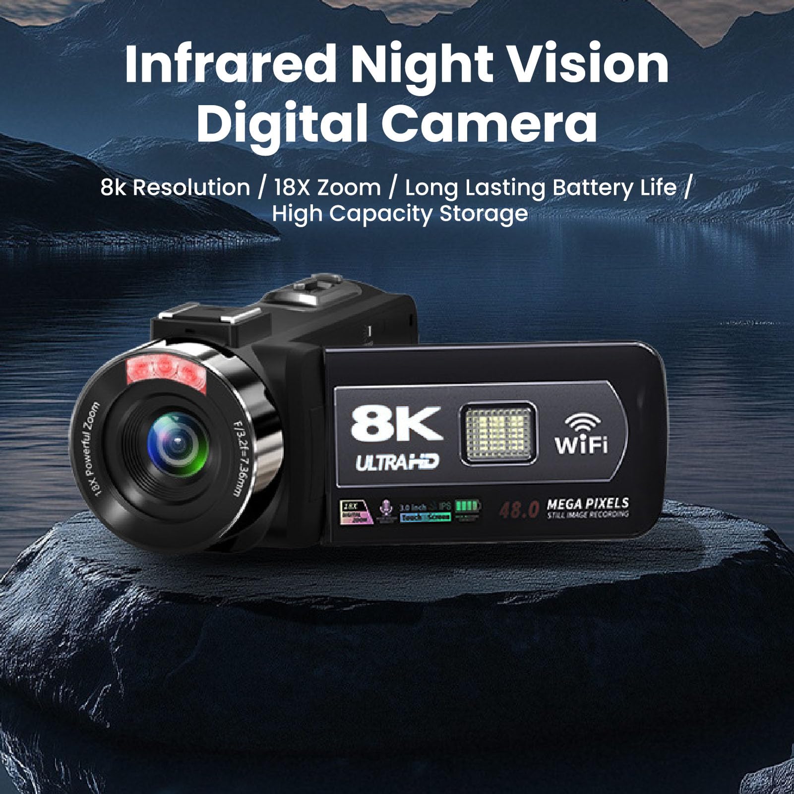 Akozon Cámara de Vídeo 8K Videocámara Multifuncional con Zoom Digital 64MP 18X para Viajes