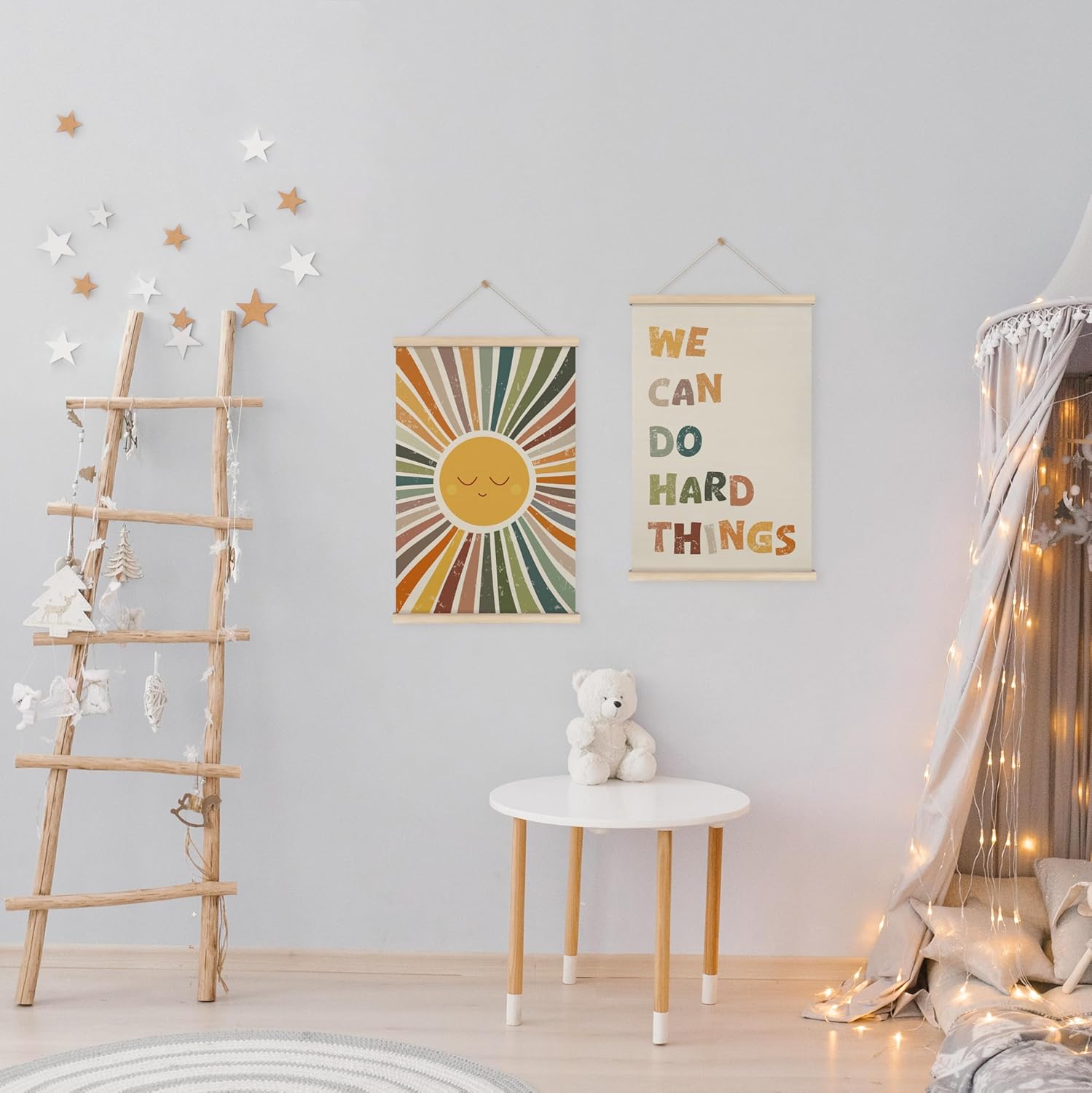 HRQKO Boho We Can Do Hard Things Posters Hanger Frame Set of 2, Kids Wall Art, Boho Inspirational Wall Art with Wooden Frames,Classroom Sun Wall Hanging Banner Decor for Nursery Kids Room, 16x24 inch