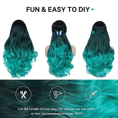 Miniatura 5 de WIGER Peluca larga ondulada de color verde azulado degradado, pelucas largas y rizadas de color degradado, pelucas de pelo sintético con raya en
