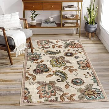 Morebes Washable Floral 3x5 Area Rug, Paisley Rug for Entryway Non Slip, Soft Vintage Accent Dorm Rug Indoor Floor Carpet for Bathroom Entry Nursery Entrance Coffee Table RV, Beige