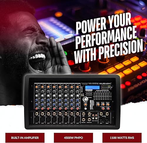 Miniatura 7 de MUSYSIC Mezclador de audio digital DJ de 8 canales de 4500 W con amplificador, ecualizador de 7 bandas, 16 DSP FX, Phantom 48V, USB, SD, Bluetooth,