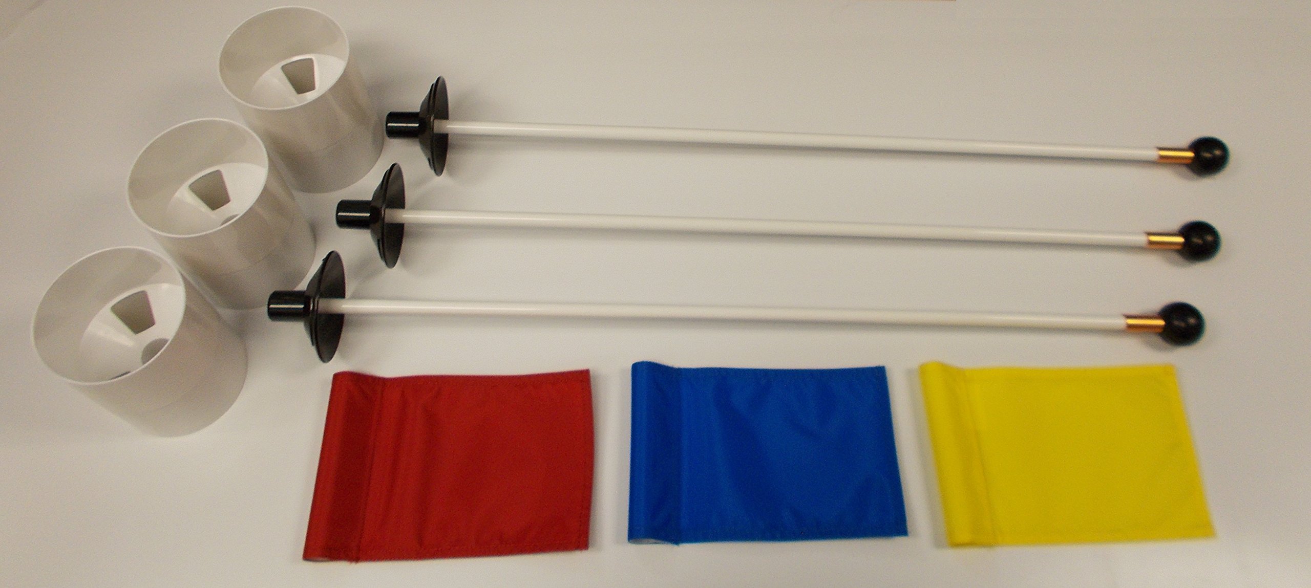 Golf Practice Putting Green - Deluxe Accessory Kit - (3)Bright White Plastic 6" Deep Regulation Cups + (1)Red, (1)Yellow, (1)Blue Jr Flag + (3)30" White Fiberglass Pin Markers with Ball Lifter Disk