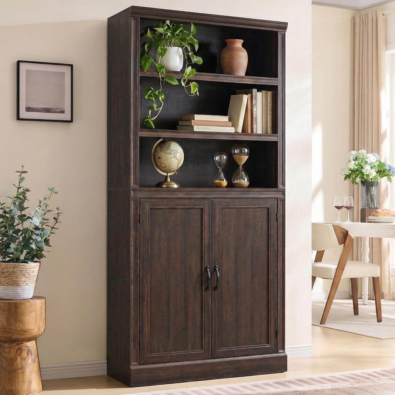 75.2" Large Farmhouse Bookcase Bookshelf, 6-Tier Bookshelf, Open Shelves Bookshelf with Doors Storage, Adjustable Shelves, Exquisite Frame Wooden Bookcase for Living Room Home Office, Dark Walnut