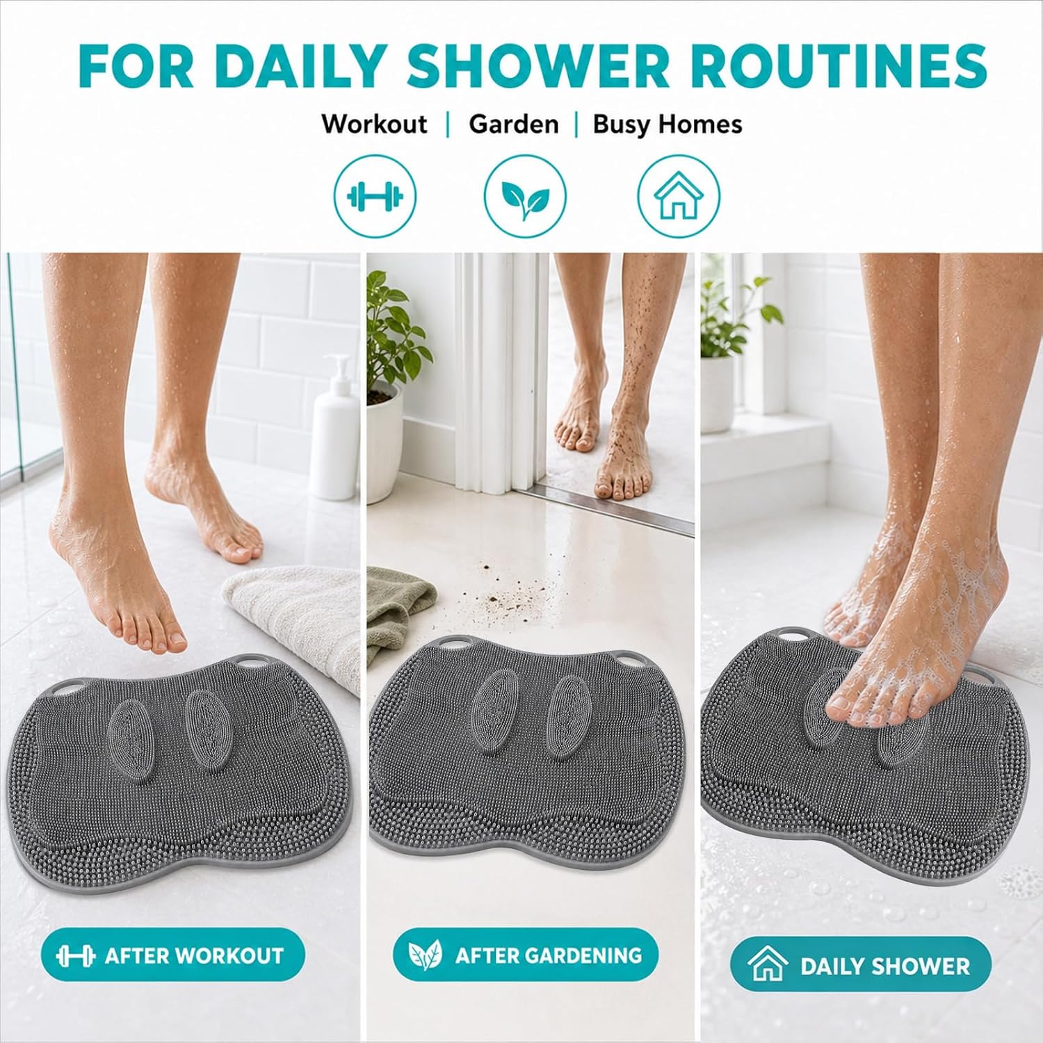 XL Silicone Shower Foot Scrubber Mat with Suction Cups, Foot Washer for Shower, Foot and Back Scrubber for Smooth Shower Wall or Floor, Grey, 17.32 x 12.99 in