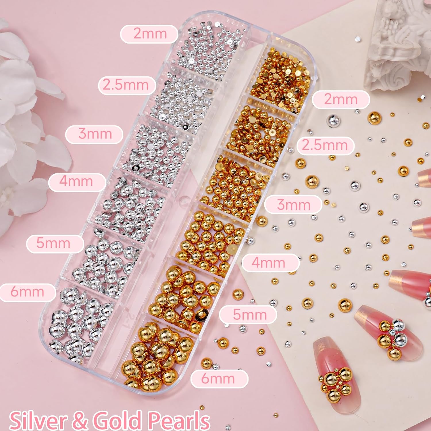 2 Boxes Flatback Pearls for Nail, Gold Silver Nail Beads for Nail Art, Mixed Sizes White Beige Half Pearl Nails Charms Gems, ABS Round Plastic Beads Accessories for Acrylic Nails Manicure Decor - Image 3