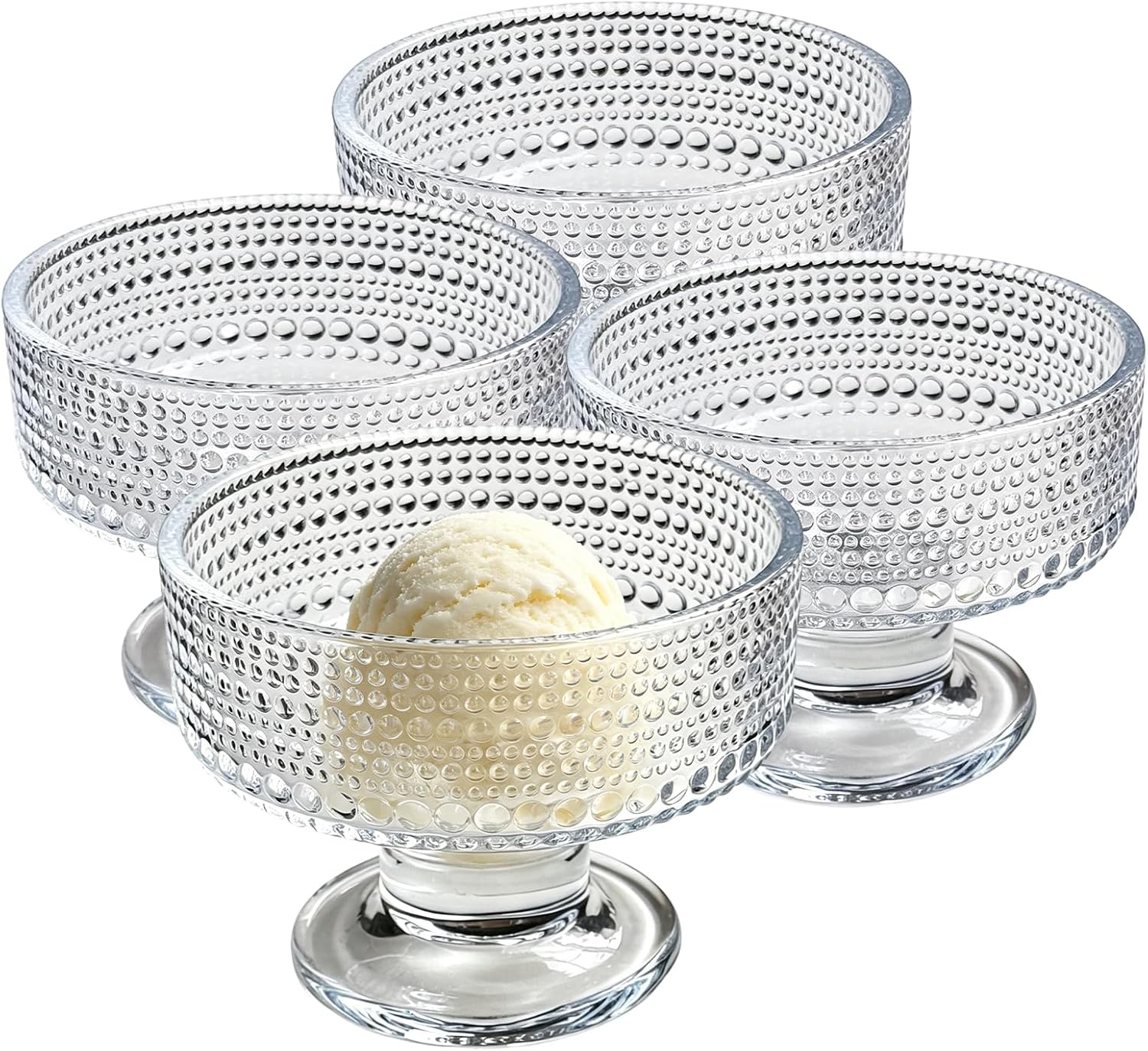 Dessert Cups 7.76oz, Transparent Glass Trifle Bowl Set of 4, Vintage Hobnail Glass Cups Reinforced Footed for Oats, Ice Cream, Milk, Sorbet, Yogurt, Sundae, Fruit, Pudding, Snacks