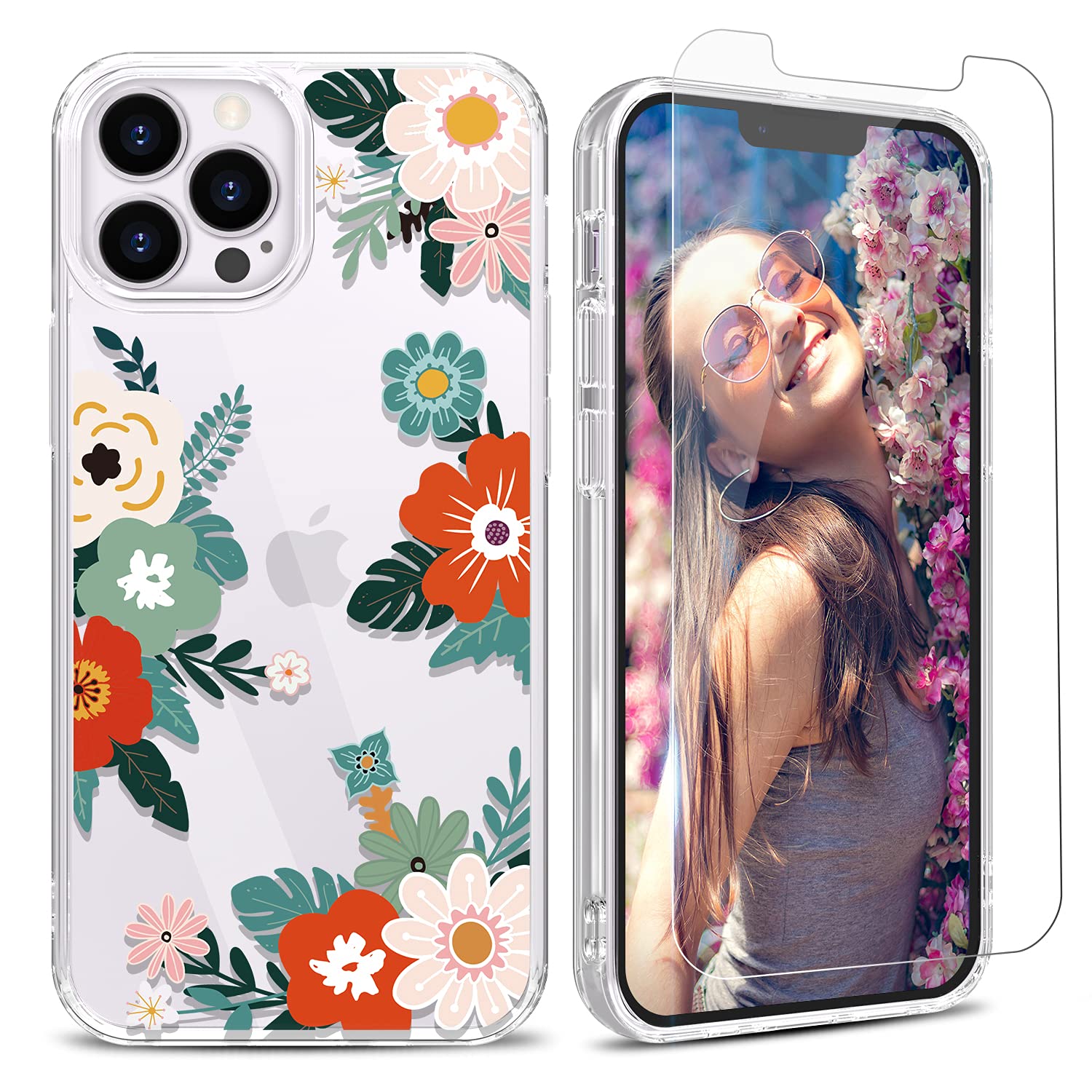 YAYOII Case for iPhone 13 Pro Max with Screen Protector, Clear Floral Patten Design for Women Girls Soft Flexible TPU Shockproof Protective Flower Cover Slim Fit Thin 6.7-inch 2021-Buds of May