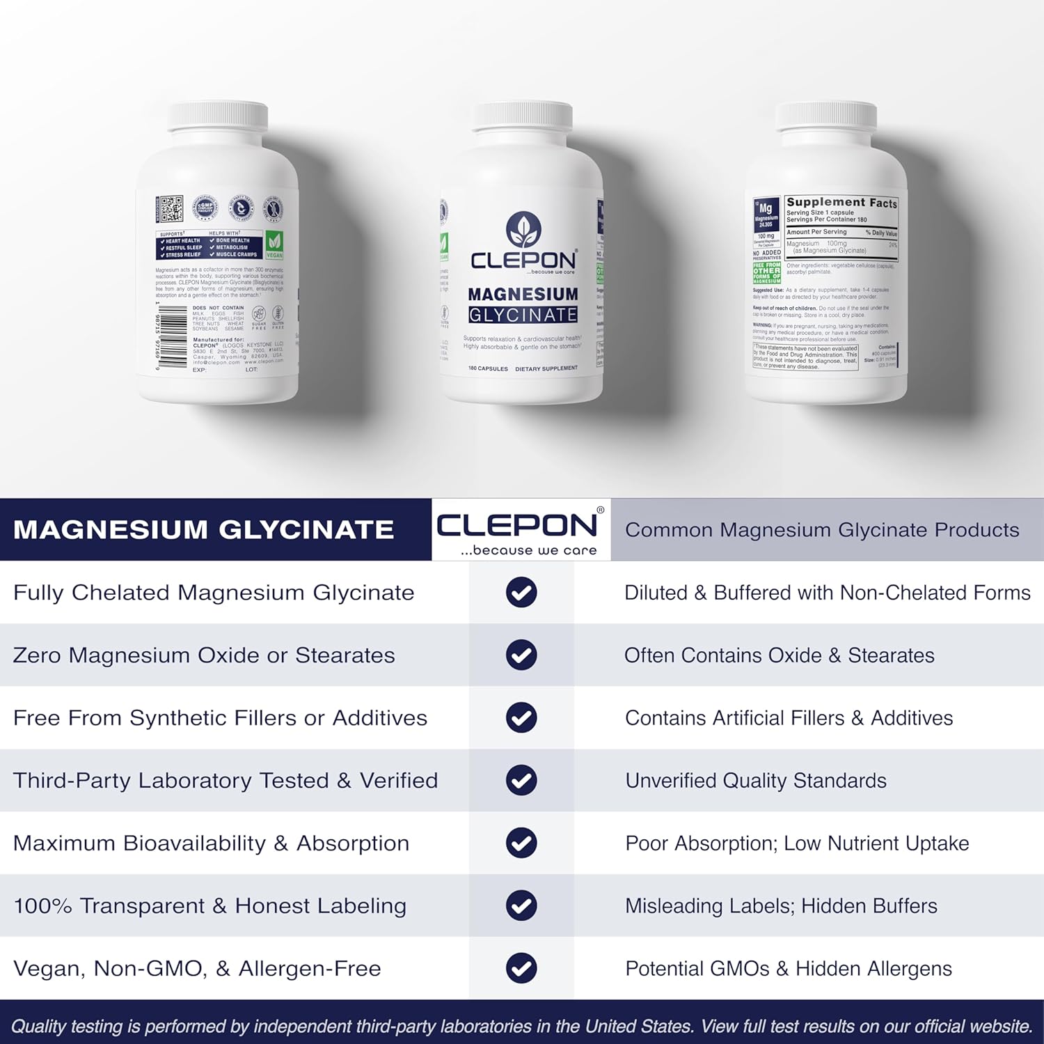 Magnesium Glycinate - 100% Chelated for High Absorption - 180 Capsules - 100mg Elemental Magnesium per Capsule - Relaxation, Muscle Cramps Relief & Sleep Support - 3rd Party Tested, Vegan