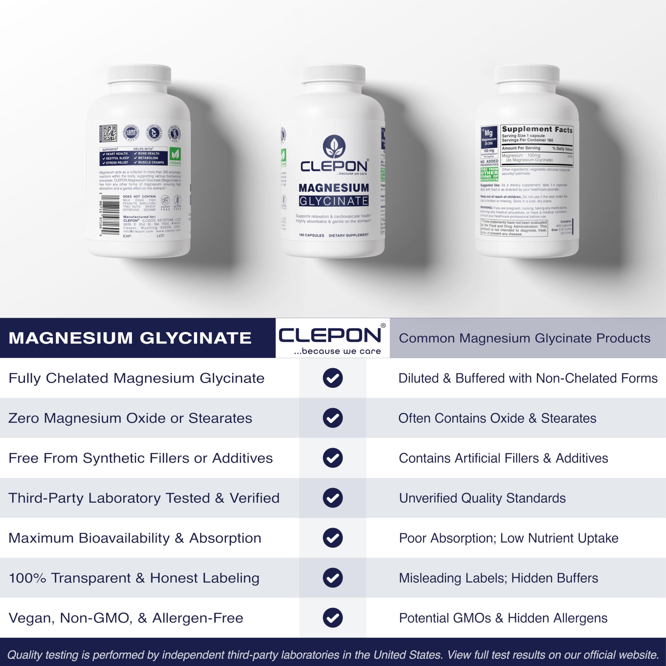 Magnesium Glycinate - 100% Chelated for High Absorption - 180 Capsules - 100mg Elemental Magnesium per Capsule - Relaxation, Muscle Cramps Relief & Sleep Support - 3rd Party Tested, Vegan — Amazon image 5