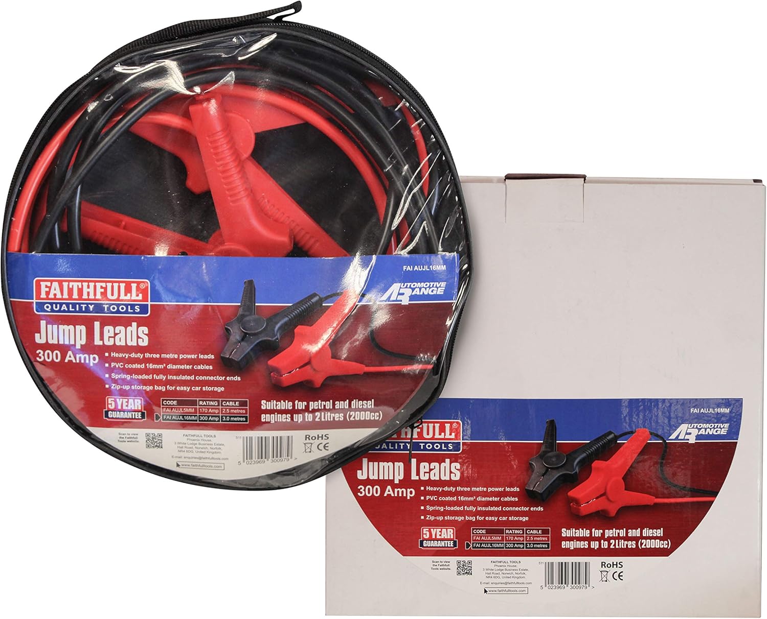 Faithfull FAIAUJL16MM 3 m x 16 mm Jump Leads with Storage Bag